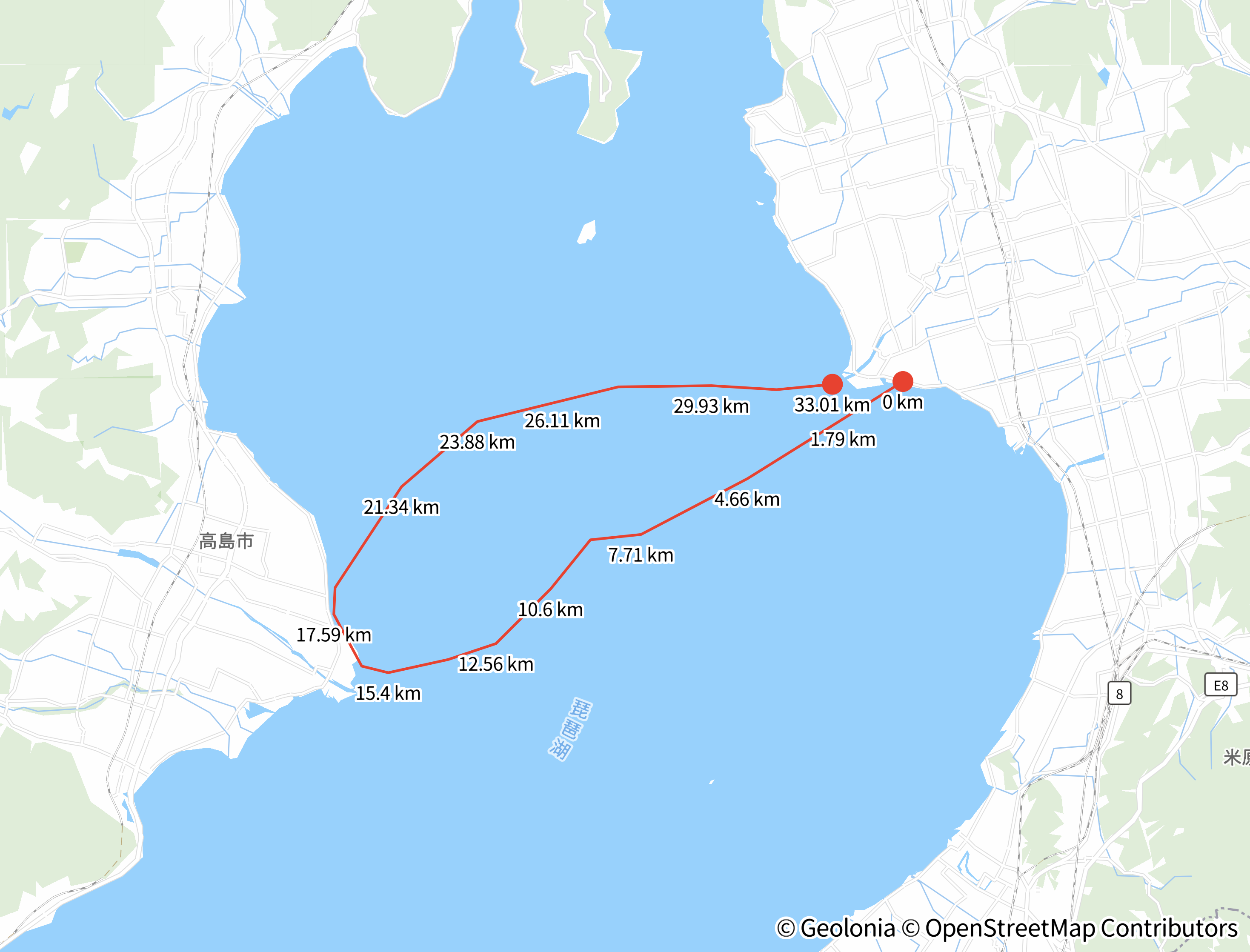 琵琶湖を往復で横断した軌跡。33.01km